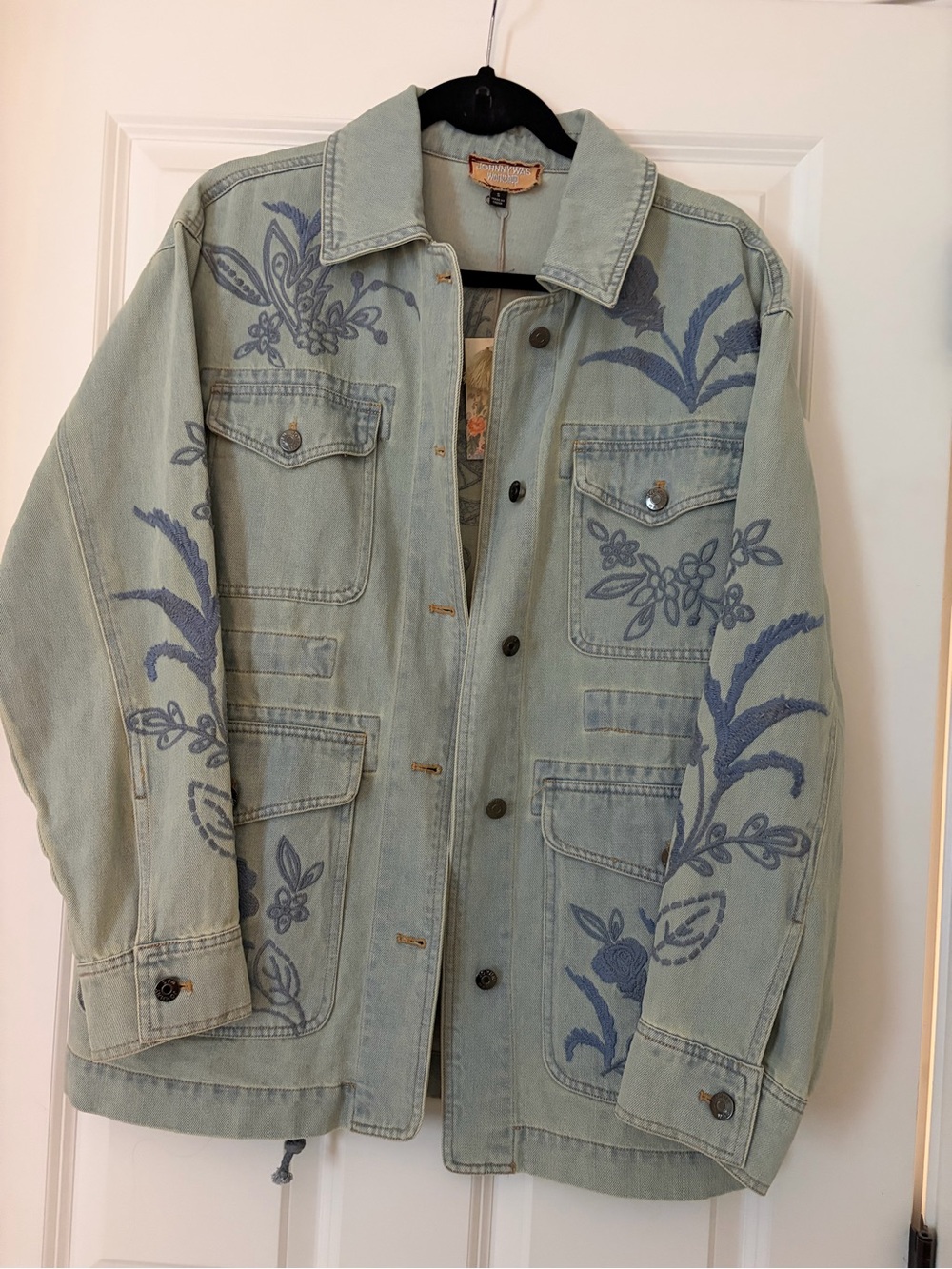 Johnny Was Denim Jacket Tag with Pastel Floral Artwork
